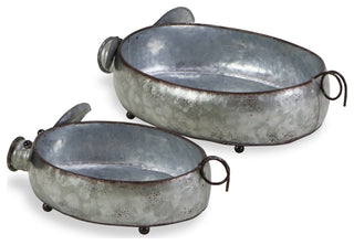 Galvanized Metal Piglet Planters, Set of 2