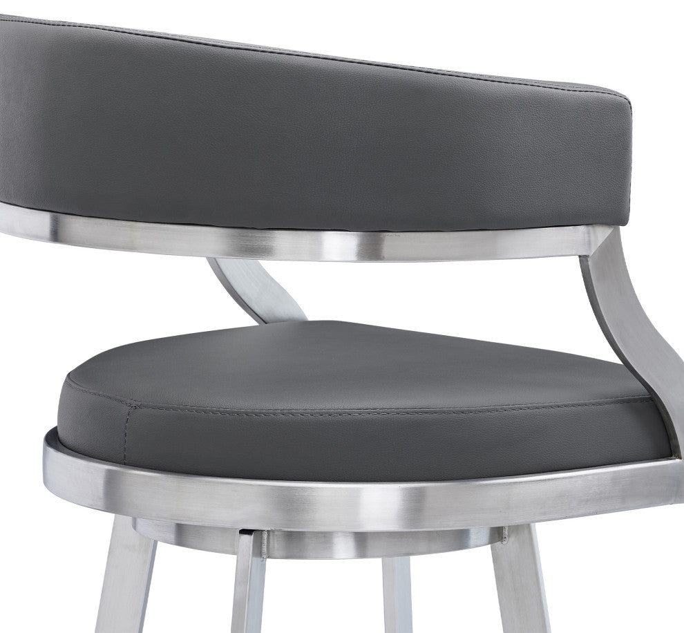 Saturn Swivel Metal and Faux Leather Bar Stool, Gray, 26" Counter Height