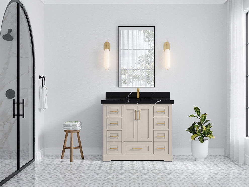 Boston 42" Single Sink Bath Vanity in Fine Grain 2" Calacatta Black