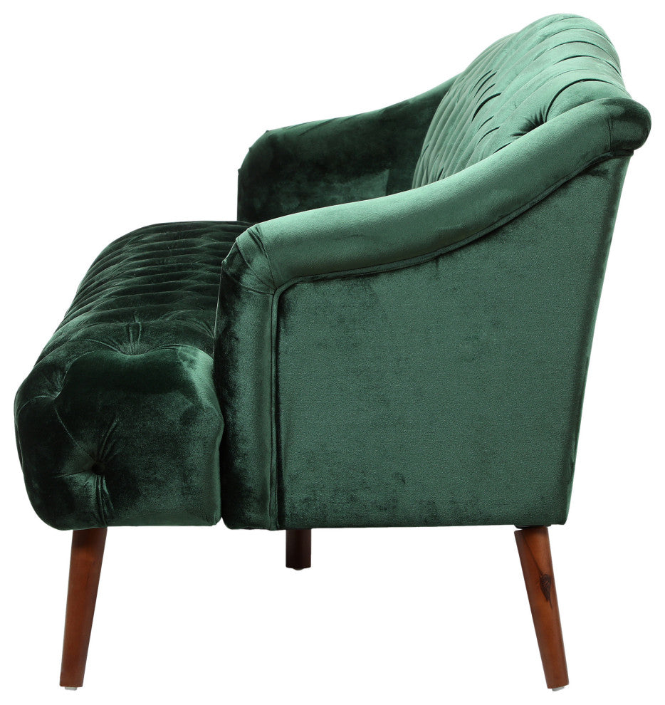 Esther Modern Glam Tufted Velvet 3 Seater Sofa, Emerald, Walnut Finish