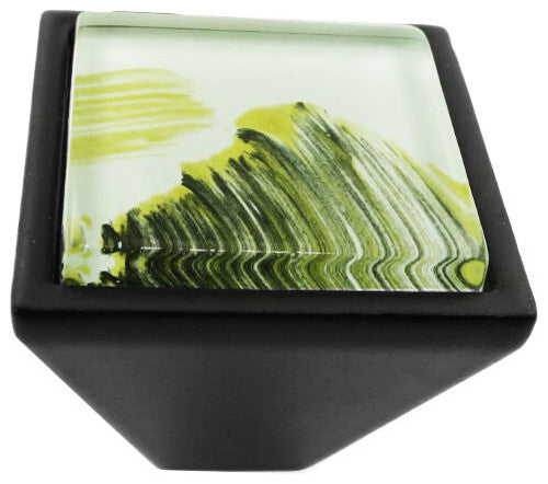 Hand Brushed Abstract Moss Streaks Crystal Glass Black Metal Square Frustum Knob