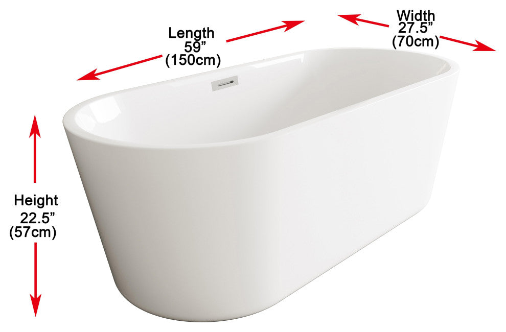 OWEN 59" Soaking Bathtub, Glossy White With Brushed Nickel Trim