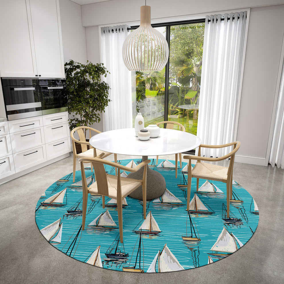 Indoor/Outdoor Harbor HA8 Teal Machine Washable 8' x 8' Round Rug