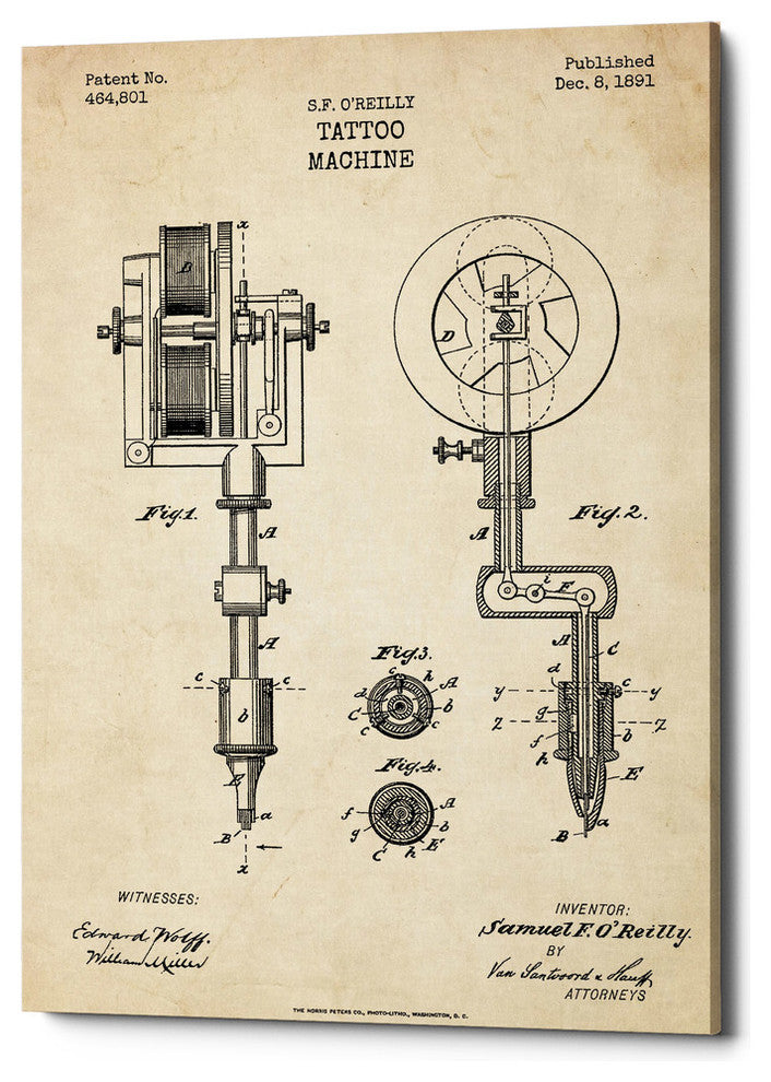 Epic Graffiti "Tattoo Machine Blueprint Patent Parchment" Giclee Canvas, 12"x18"