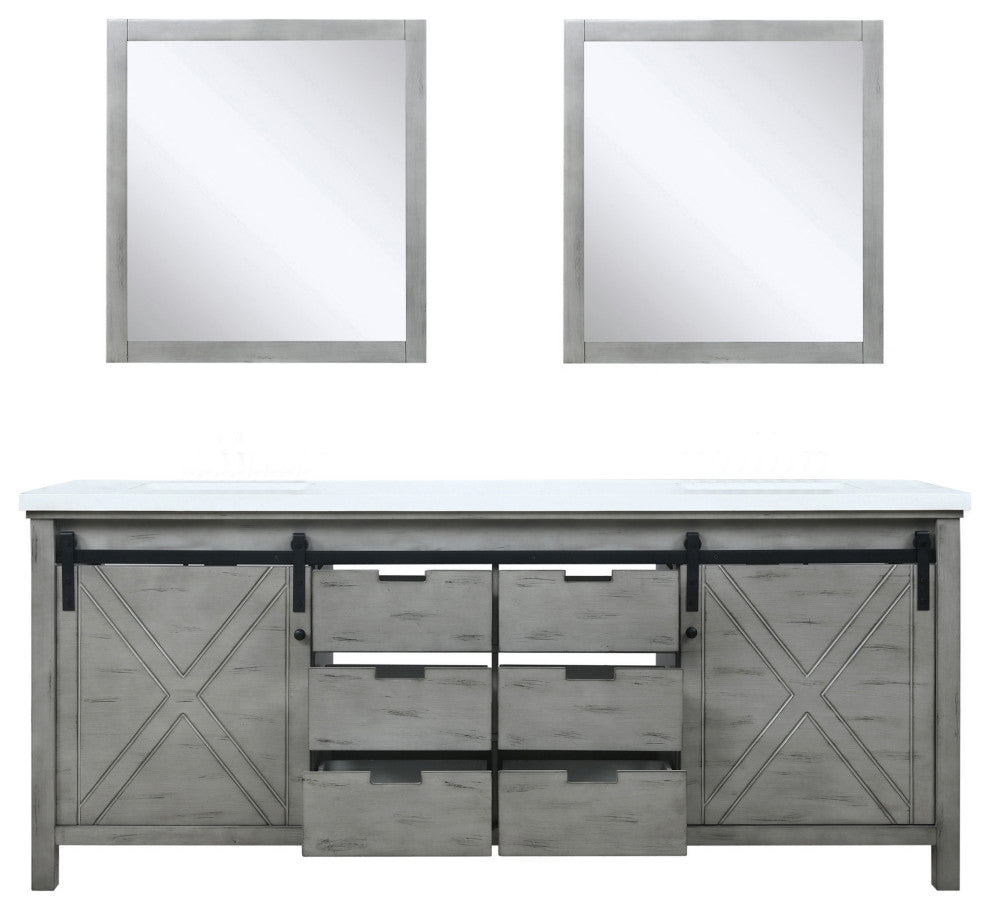 Marsyas 80" Ash Gray Double Vanity Ash Gray Quartz Top Sinks, 30" Wall Mirrors