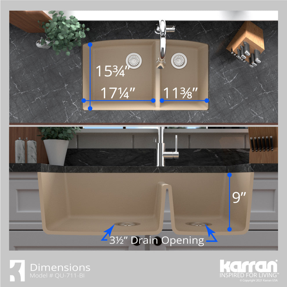 Karran Undermount Quartz 32" 60/40 Double Bowl Kitchen Sink Kit, Bisque