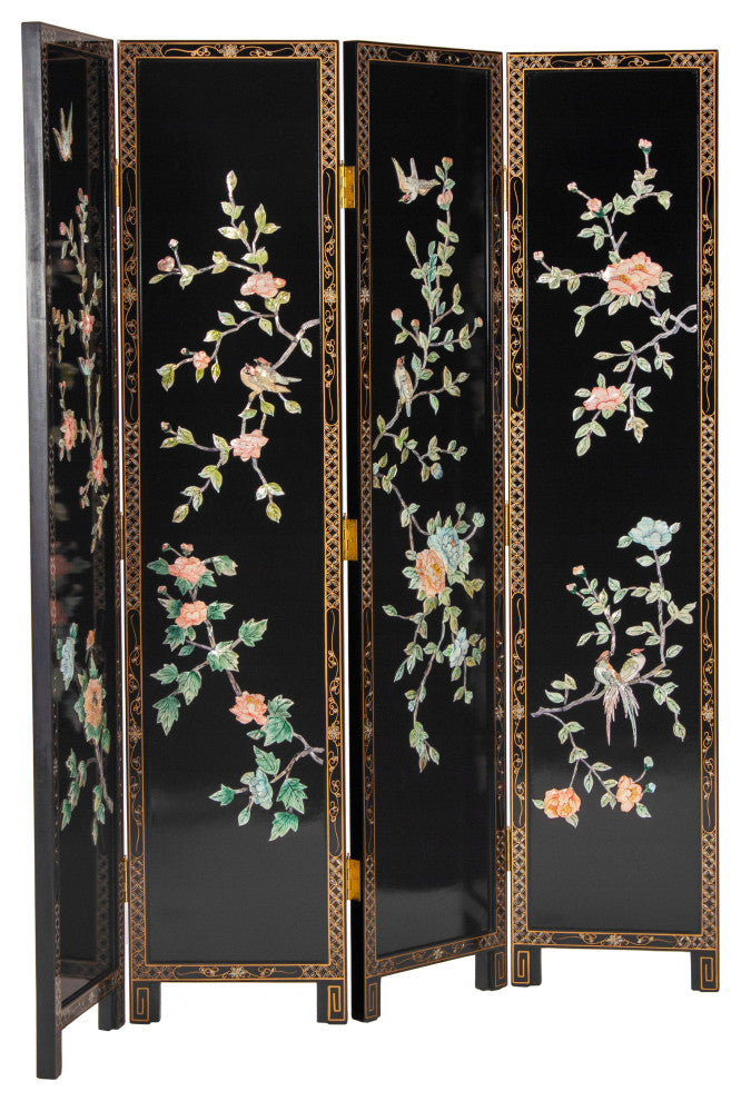6' Tall Black Lacquer Room, Birds and Flowers