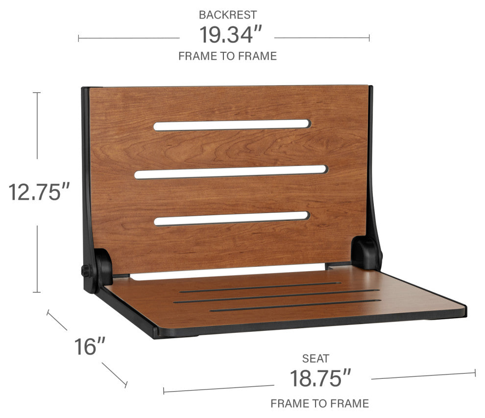 Silhouette Folding Wall Mount Shower Bench Seat, Rustic Teak, Matte Black Frame