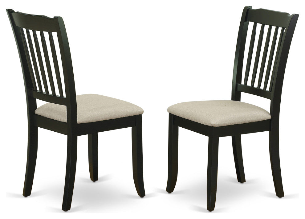 Vertical Slatted Back Chairs, Linen Fabric Fabric Seat In Black- Set Of 2
