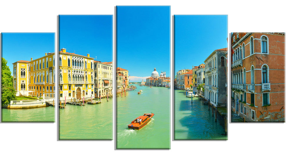 Green Grand Canal Venice, Landscape Canvas Art Print, 60"x32", 5 Panels