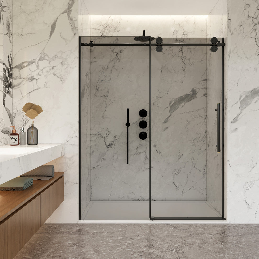 Echarri Single Sliding Frameless Shower Door, Tinted Glass, Matte Black, 64" W X 78"h