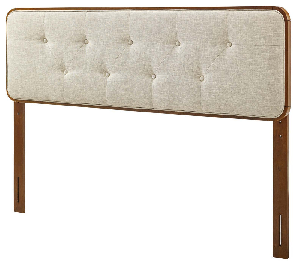 Tufted Headboard, King Size, Wood, Fabric, Brown Walnut Beige, Modern