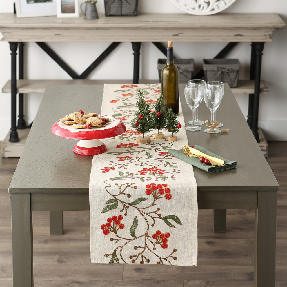 Winter Berries Embroidered Table Runner 14x70