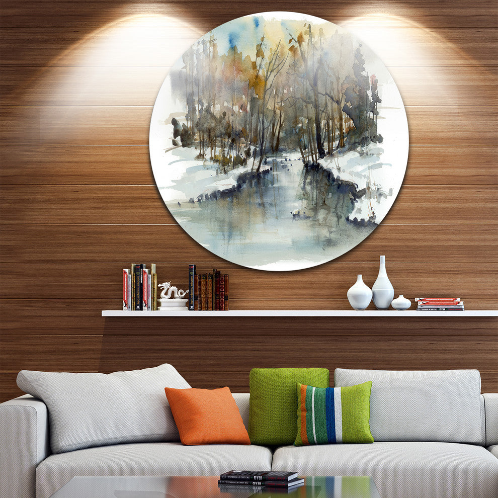 River In Woods Watercolor, Landscape Painting Round Wall Art, 11"