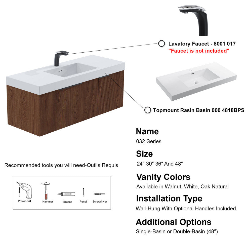 Pershing 48" Single Vanity Set, Walnut, Resin Basin