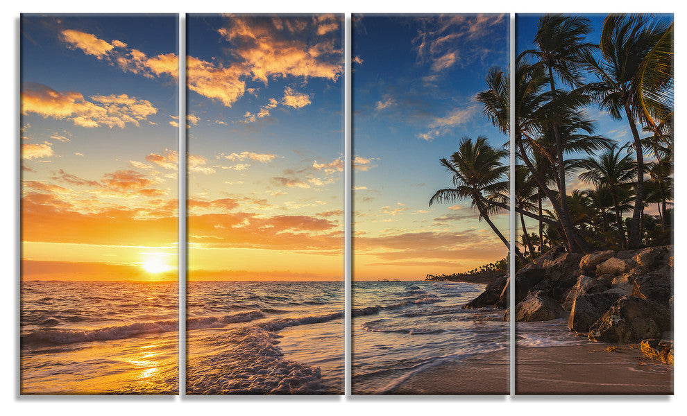 "Paradise Tropical Island Beach With Palms" Seascape Wall Art, 4 Panels, 48"x28"