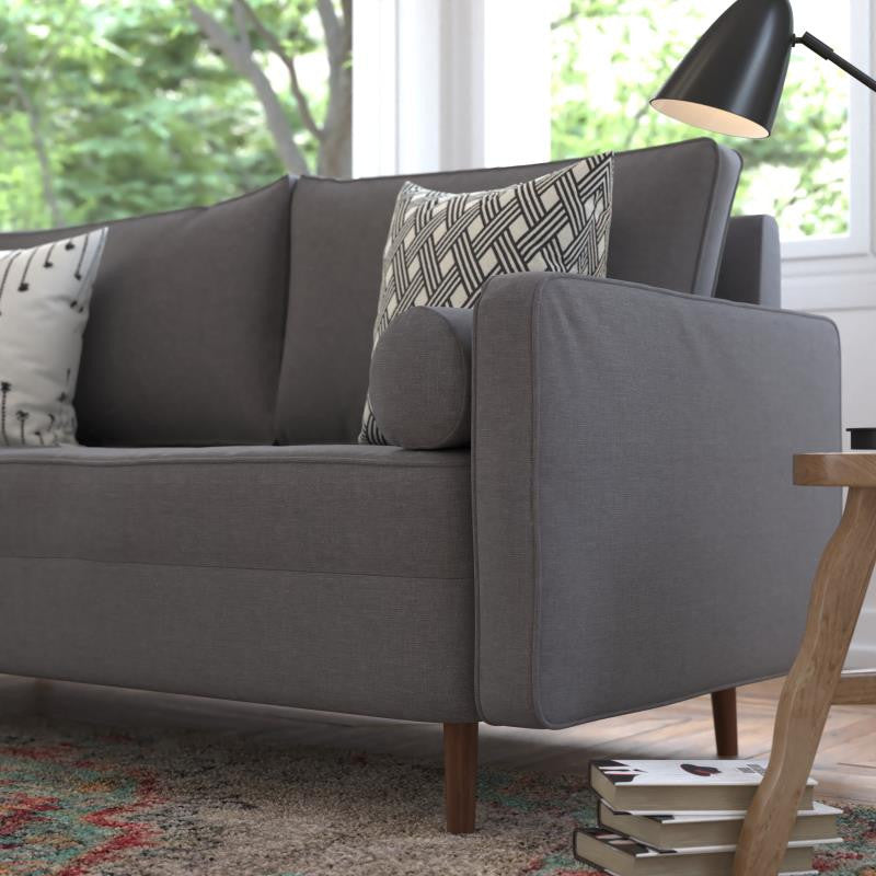 Hudson Mid-Century Modern Sofa With Tufted Upholstery and Solid Wood Legs, Dark Gray