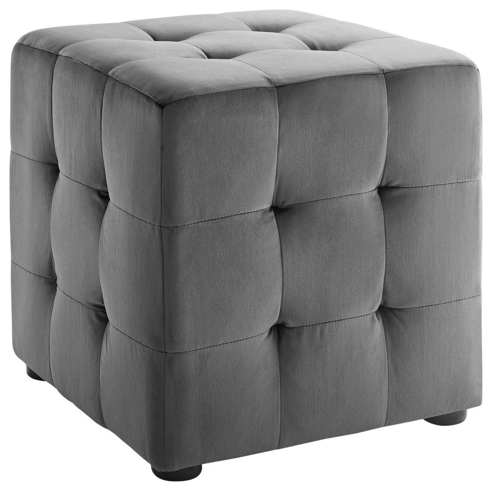 Contour Tufted Cube Performance Velvet Ottoman-Gray