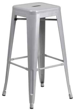 24" Round Silver Metal Bar 3-Piece Table Set With 2 Square Seat Backless Stools