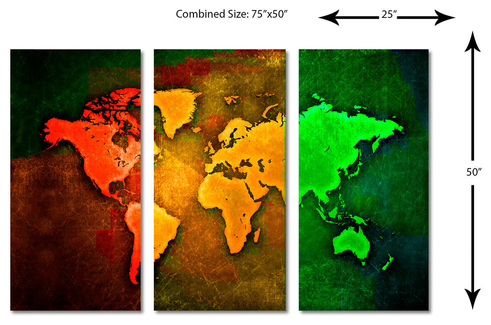 Color World Map Pop Art Canvas Print 3 Panel Split Triptych Wall Art
