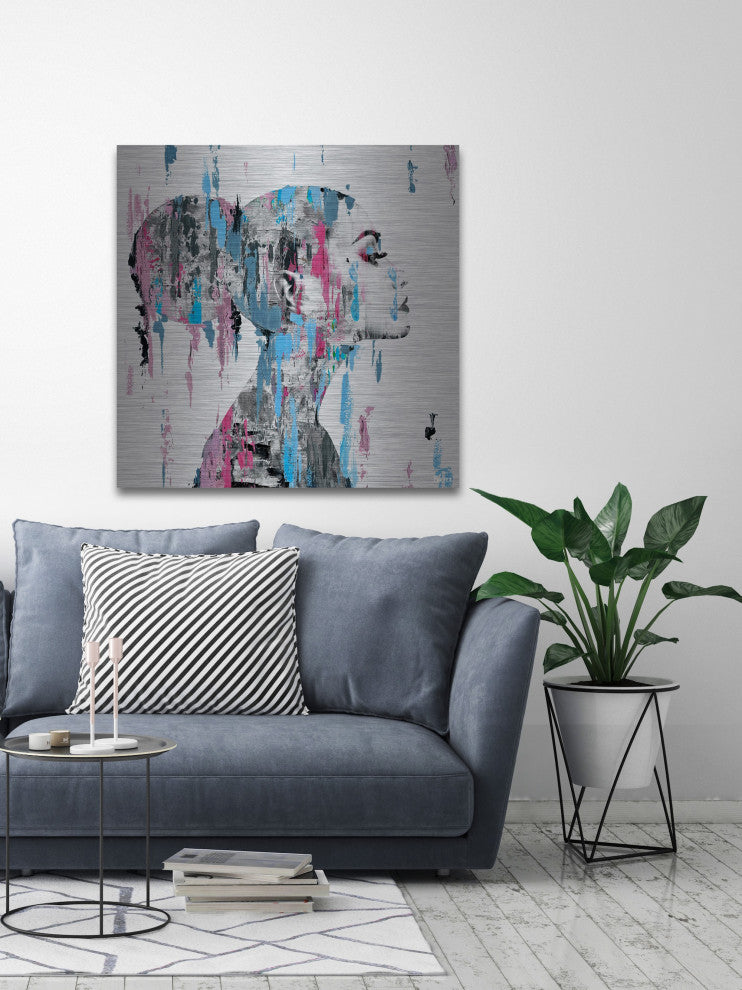 "Pink Blue Face Smudges" Painting Print on Brushed Aluminum, 48"x48"