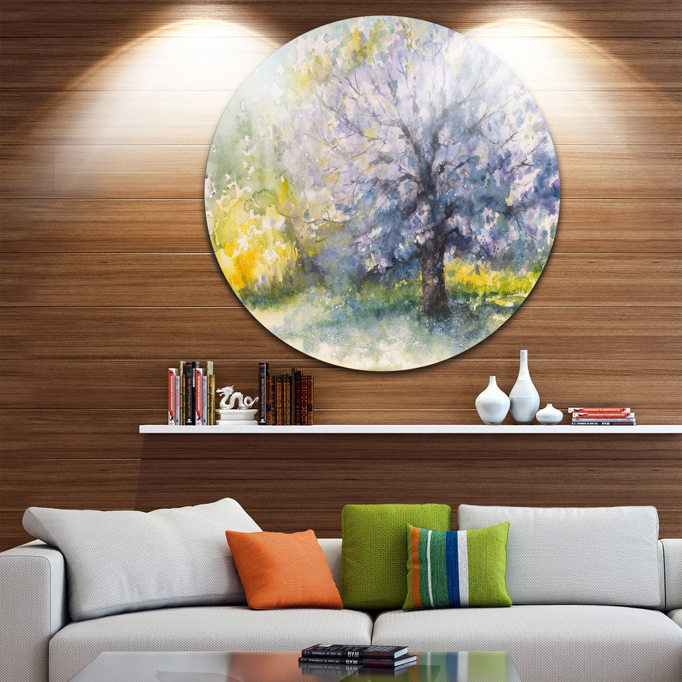 Blooming Cherry Tree, Floral Watercolor Round Wall Art, 11"