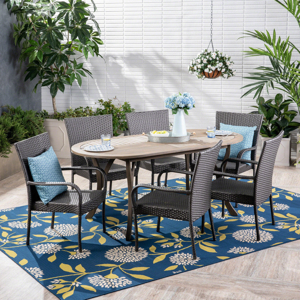 GDF Studio 7-Piece Ford Outdoor Wood and Wicker Dining Set, Gray Finish/Gray