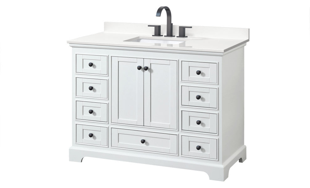 Deborah 48" White Single Vanity, White Quartz Top, 3-Hole, Black Trim
