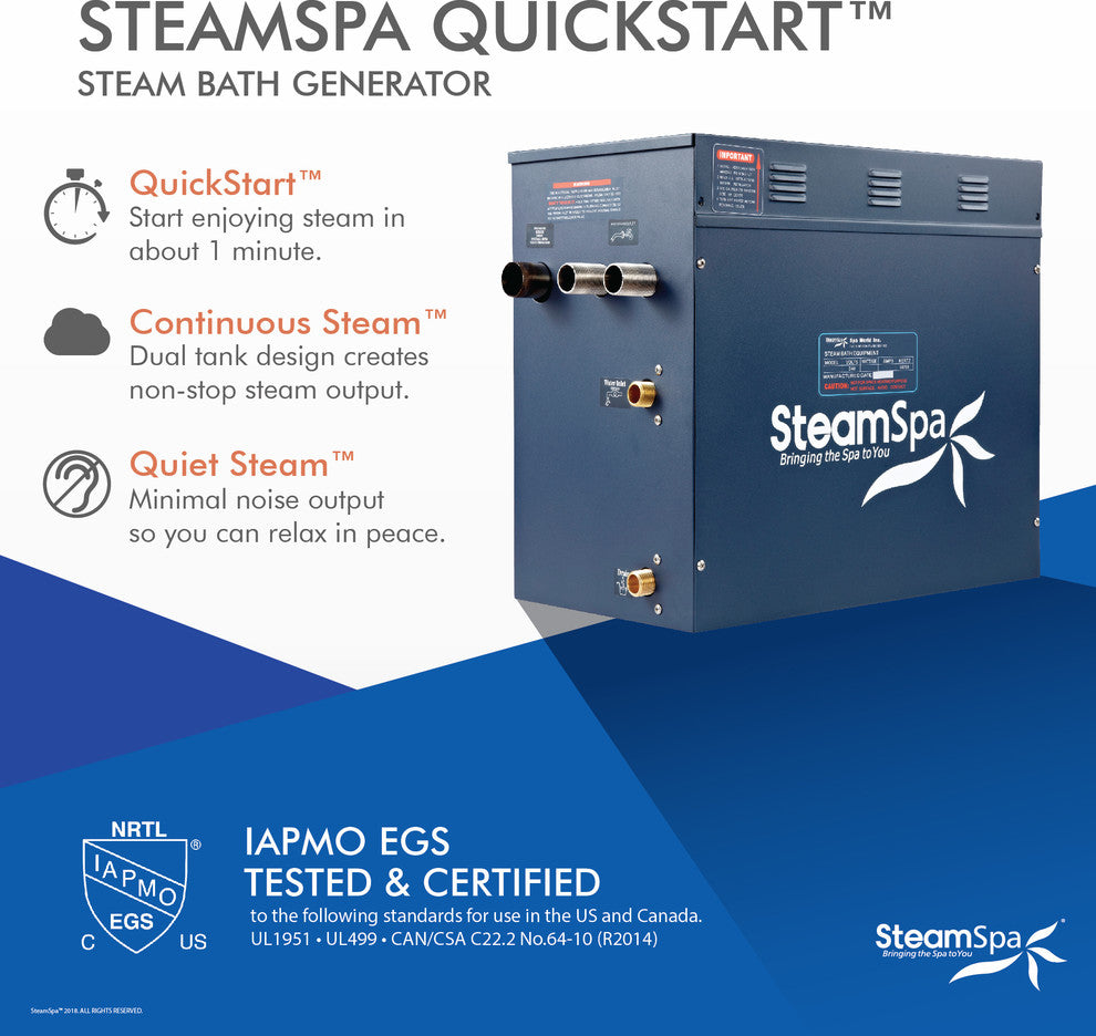 Steamspa Oasis 12 Kw Quickstart Steam Bath Generator, Polished Chrome