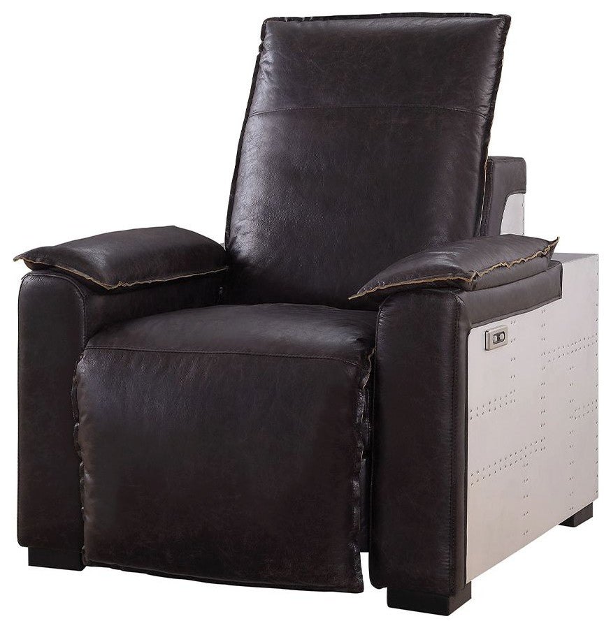 Acme Nernoss Power Motion Recliner Dark Grain Brown Leather and Aluminum