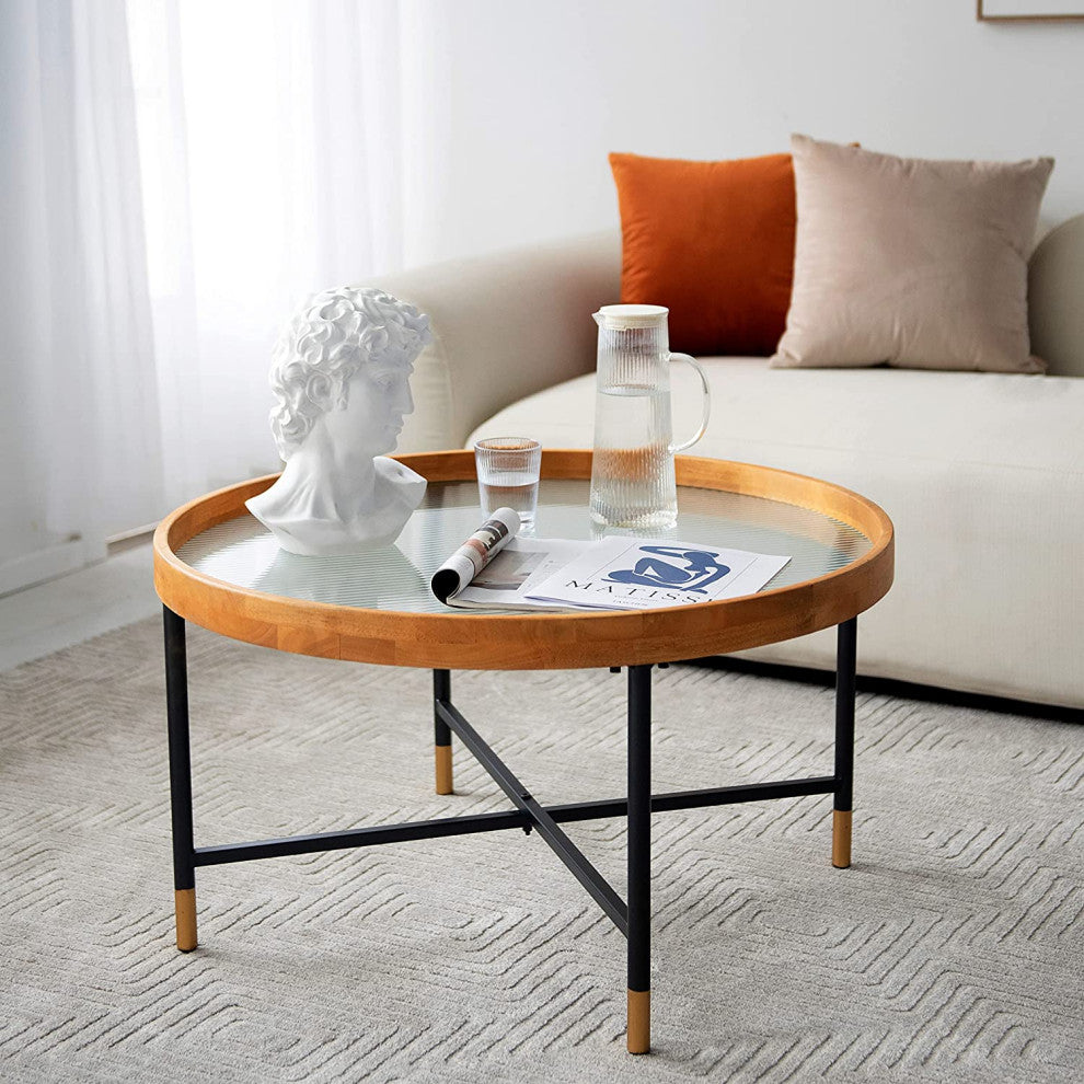 Farmhouse Glass Coffee Table, Rubberwood Tray and Metal Frame, Reeded Pattren