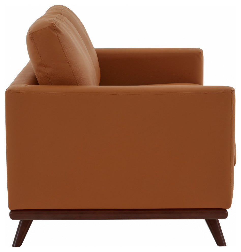 LeisureMod Chester Modern Leather Loveseat With Birch Wood Base, Cognac Tan