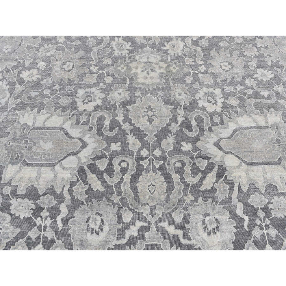 Medium Gray, Hand Knotted, Oushak Influence, Silk With Wool, Rug, 9'x11'10"