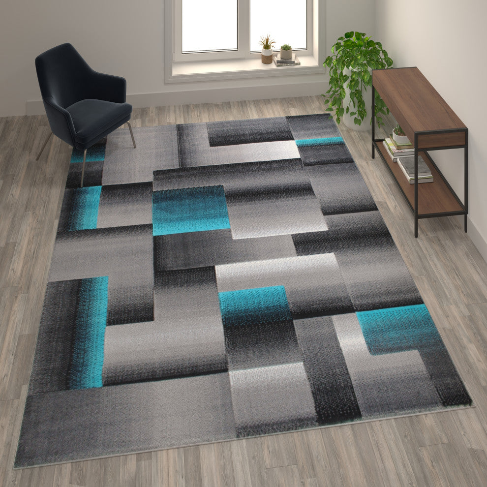 Elio Collection Color Blocked Area Rug, Turquoise, 8' X 10'