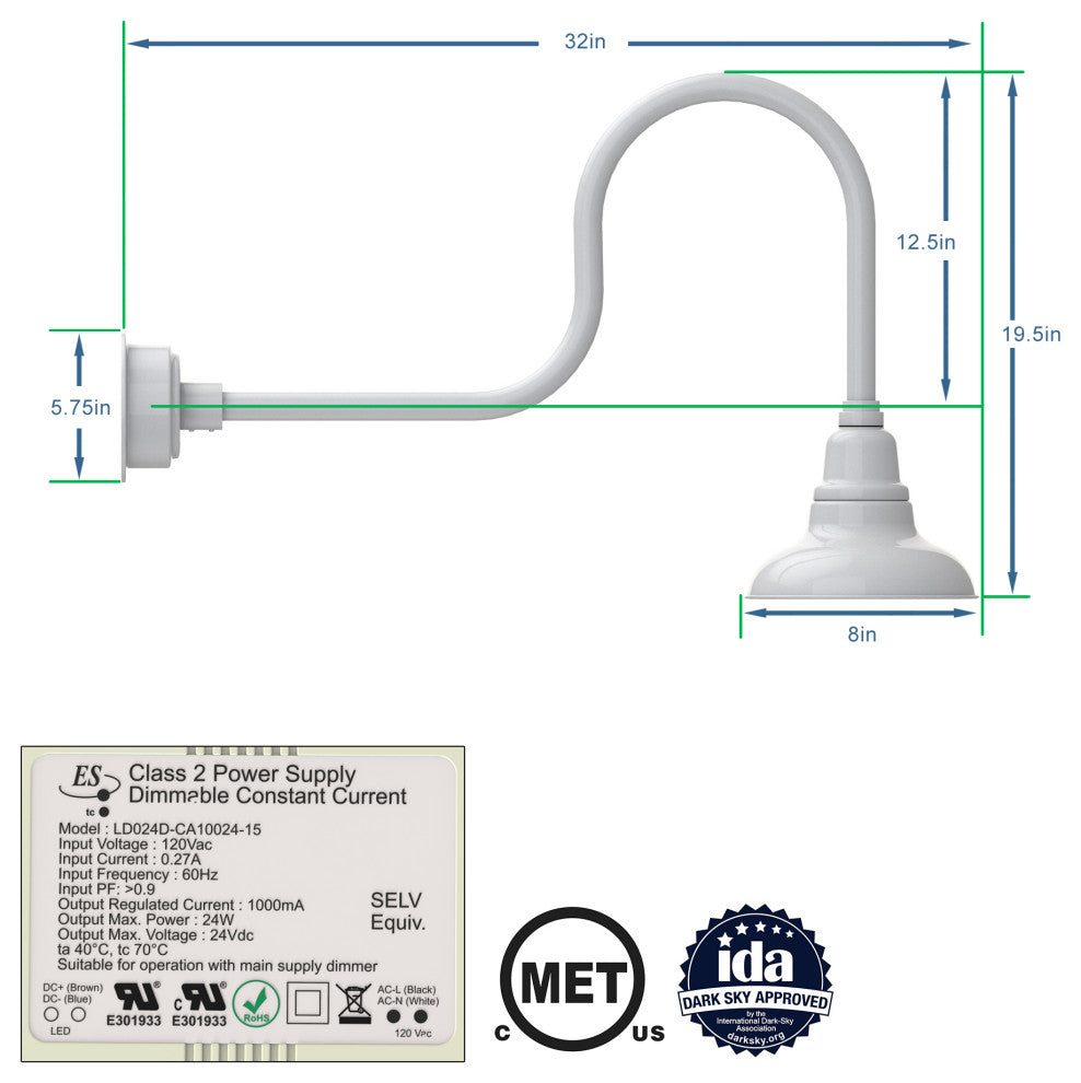 8in.  White Gooseneck Barn Light with Industrial Arm
