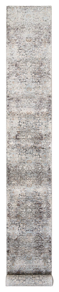 Gray, Hand Knotted Modern Persian Silk With Wool XL Runner Rug, 2'6"x20'0"