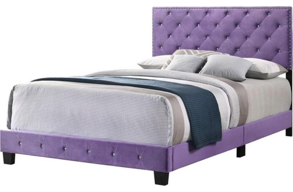Glory Furniture Suffolk Velvet Upholstered Queen Bed in Purple