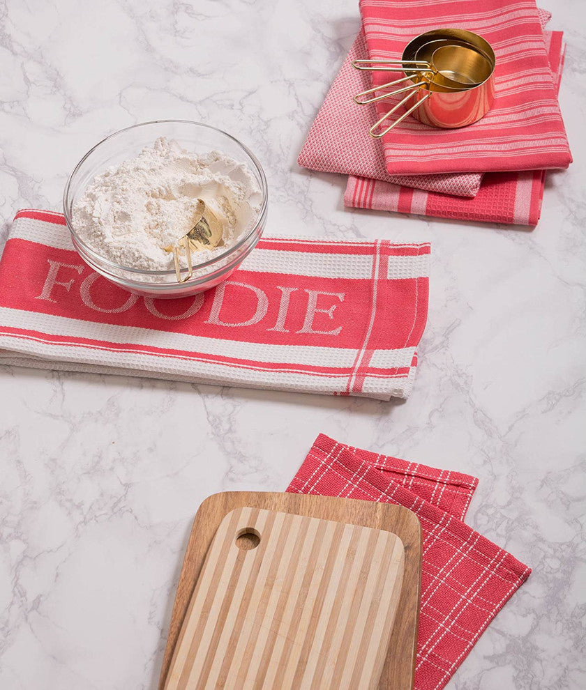 Assorted Coral Foodie Dishtowel and Dishcloth, Set of 5