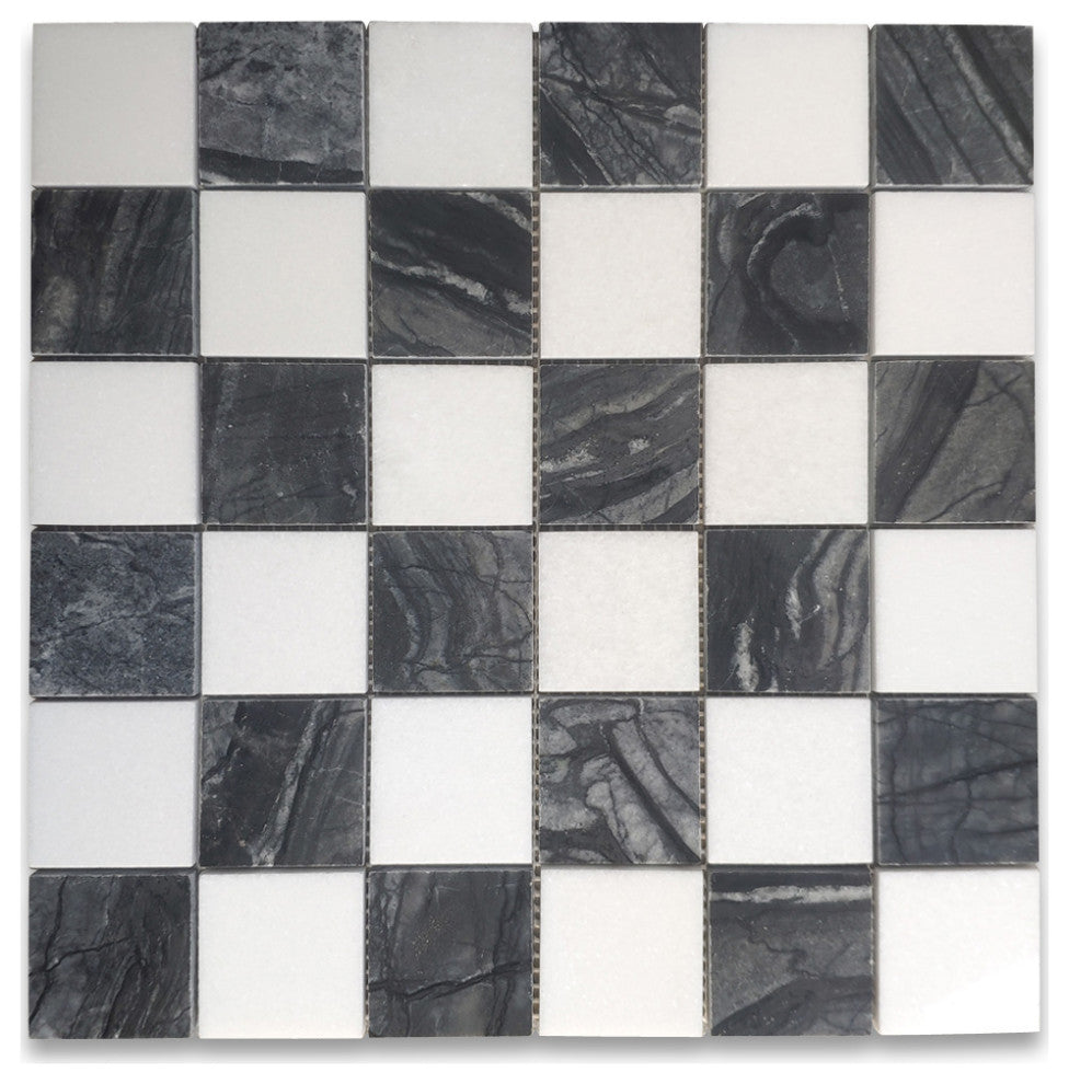 Silver Wave Black Forest Thassos White Marble Checkerboard Tile Polish, 1 sheet