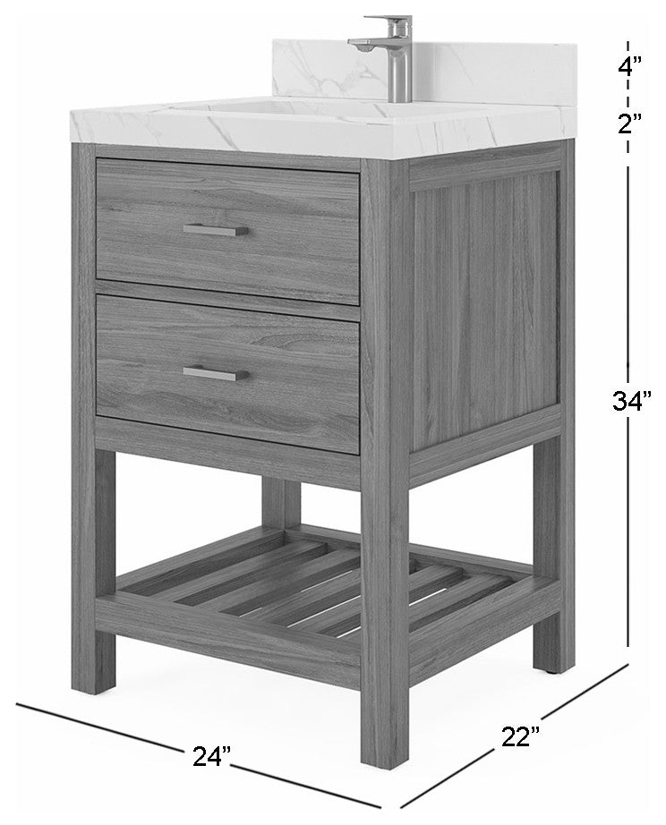 Parker Teak 24" Single Sink Bath Vanity in Golden Teak  2" White Quartz