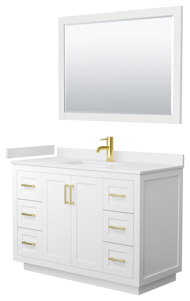 48" Single Vanity White, White Cult. Marble Counter, Sink, Gold Trim, 46" Mirror
