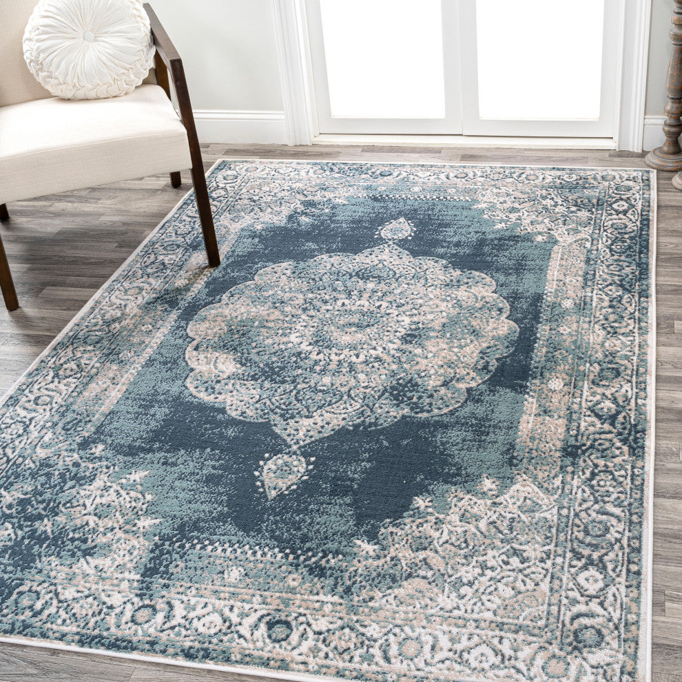 Rosalia Cottage Medallion Area Rug, Ivory/Blue, 5x8