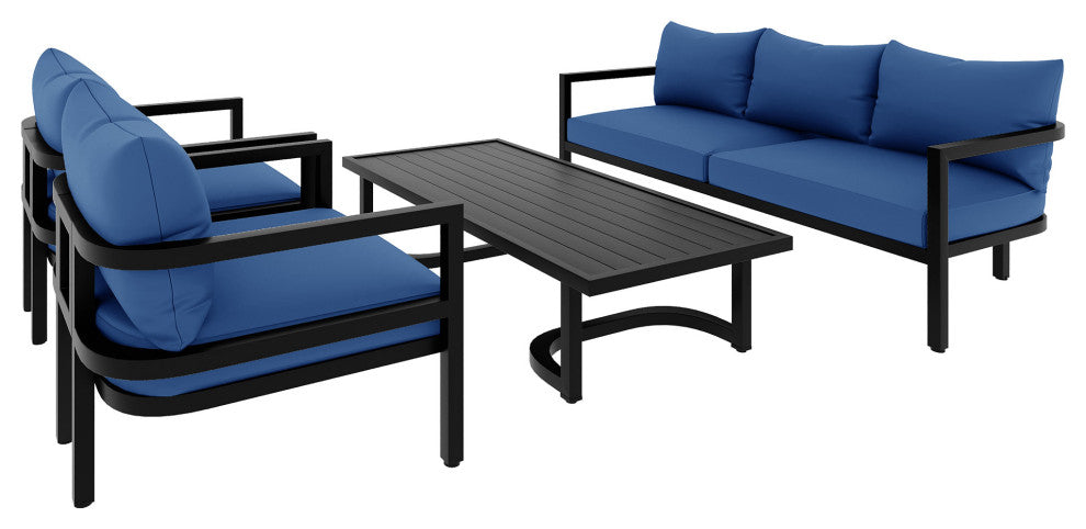 4-Piece Outdoor  Steel Patio Sectional with Table and Cushions, Blue