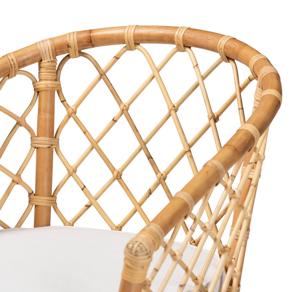 Orchard Bohemian White Fabric Upholstered and Natural Brown Rattan Dining Chair