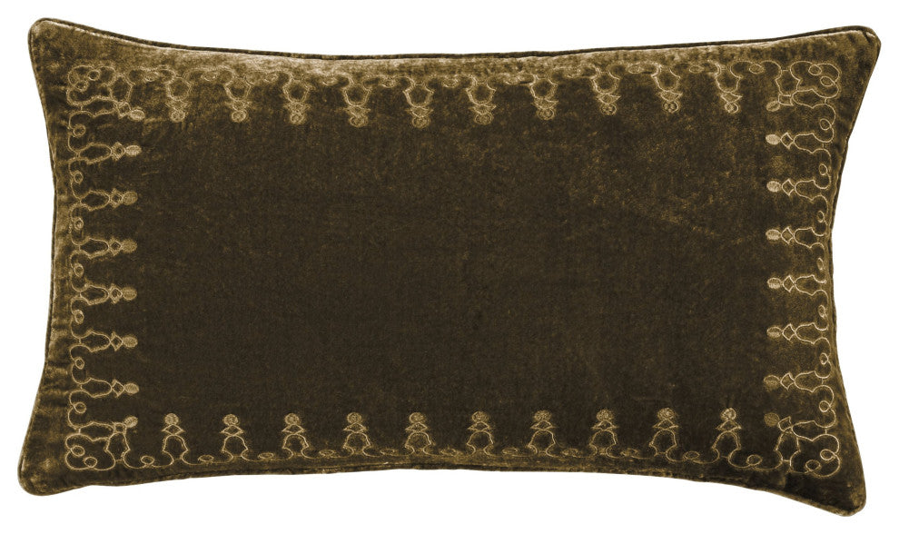 Stella Faux Silk Velvet Embroidered Lumbar Pillow, 14"x24", Green Ochre