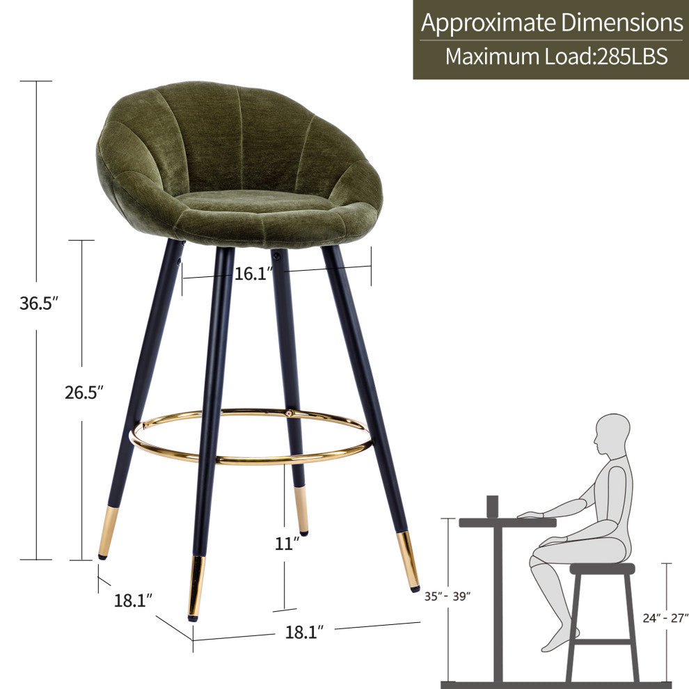 Set of 2 Blooming Flower Chenille Bar Stools, Darkgreen