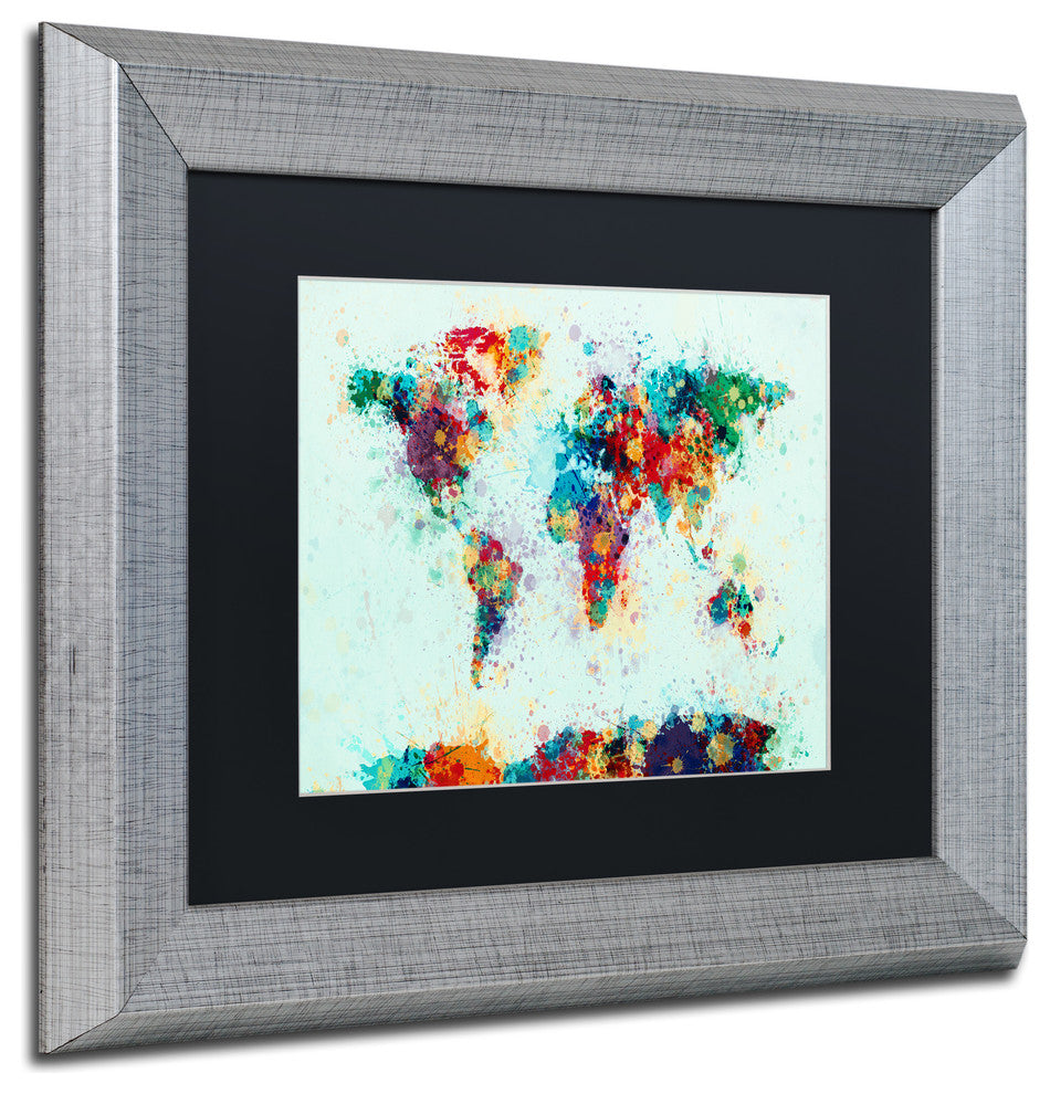 Michael Tompsett 'World Map Paint Splash' Matted Framed Art, Black Mat, 14"x11"