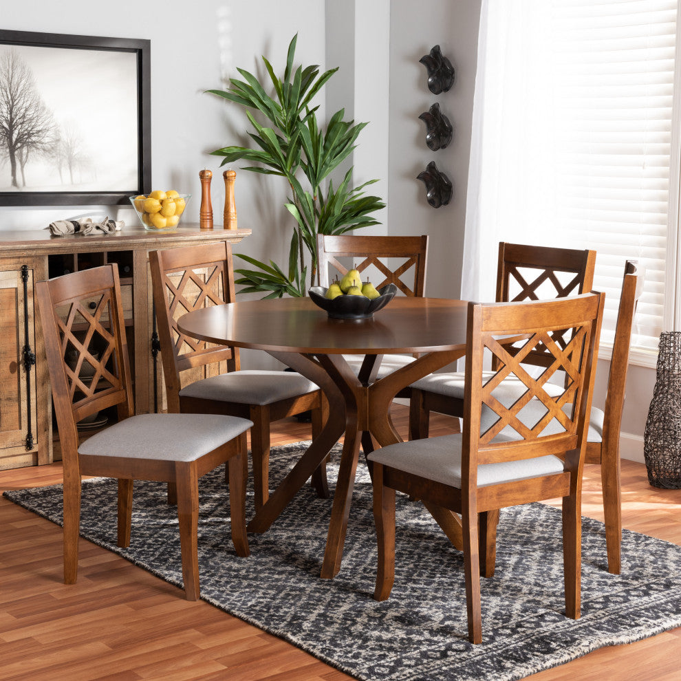 Cleo Modern Gray Fabric and Walnut Brown Wood 7-Piece Dining Set