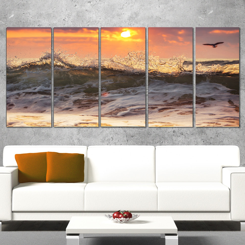 "Sunrise And Roaring Ocean Waves" Seashore Canvas Wall Art, 5 Panels, 60"x28"