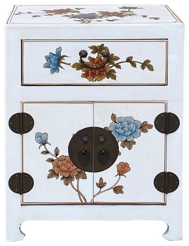 Chinese Off White Vinyl Moon Face Flower End Table Nightstand Hcs7130